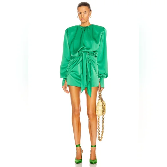 THE ATTICO Tie Waist Mini Dress Revolve Cocktail Kylie Jenner Wrap Green Dress